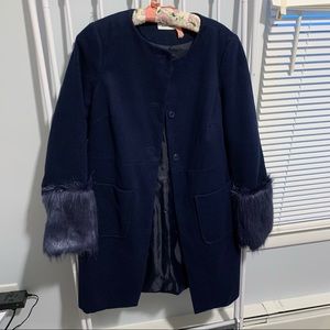 JustFab Navy Coat with Faux Fur Cuffs